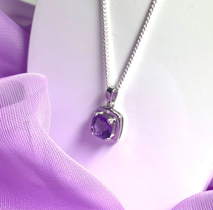 Square purple amethyst and diamond sterling silver necklace