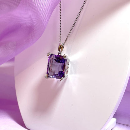 Square shaped purple amethyst and diamond white gold necklace pendant