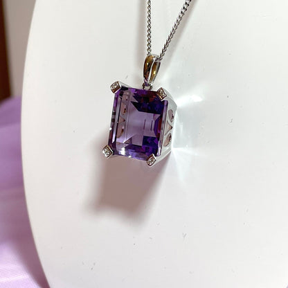 Square shaped purple amethyst and diamond white gold necklace pendant