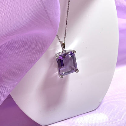 Square shaped purple amethyst and diamond white gold necklace pendant