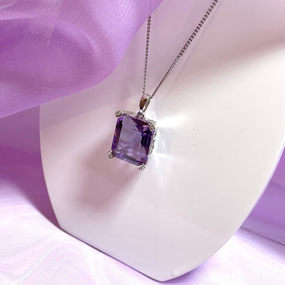 Square shaped purple amethyst and diamond white gold necklace pendant