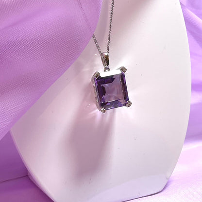 Square shaped purple amethyst and diamond white gold necklace pendant