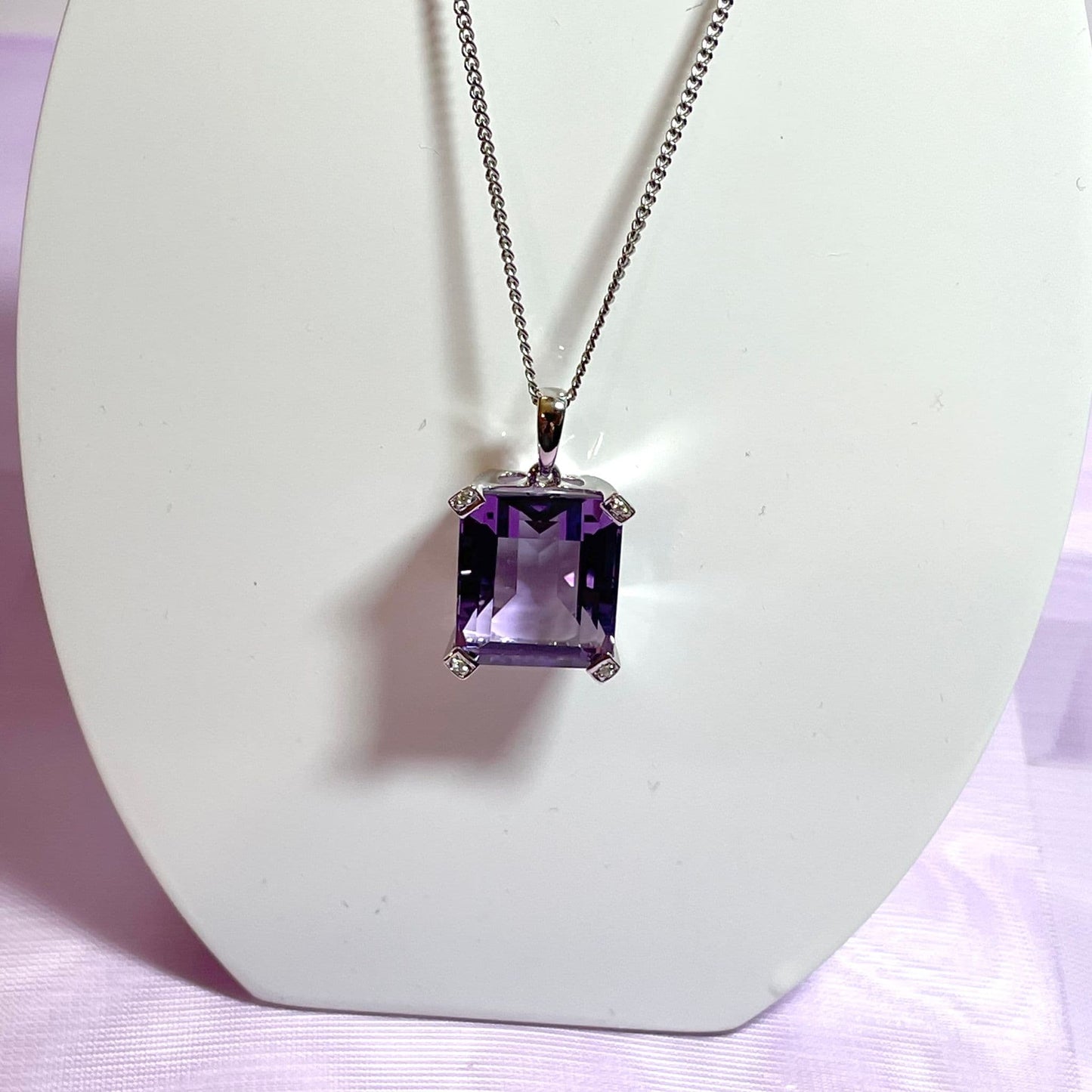 Square shaped purple amethyst and diamond white gold necklace pendant
