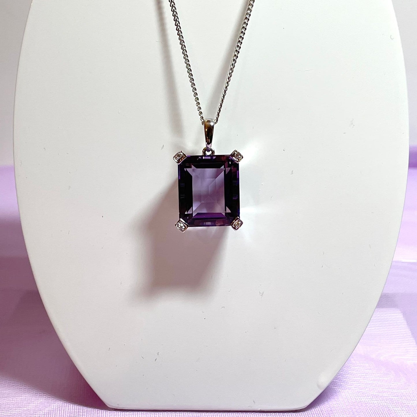 Square shaped purple amethyst and diamond white gold necklace pendant