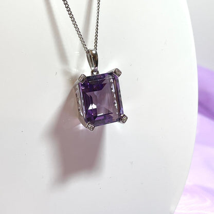 Square shaped purple amethyst and diamond white gold necklace pendant