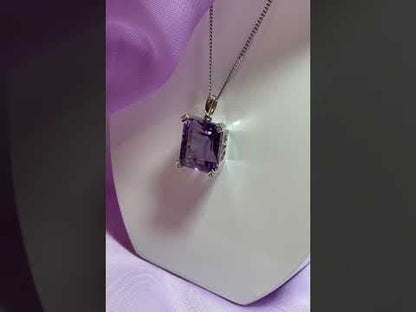 Square shaped purple amethyst and diamond white gold necklace pendant