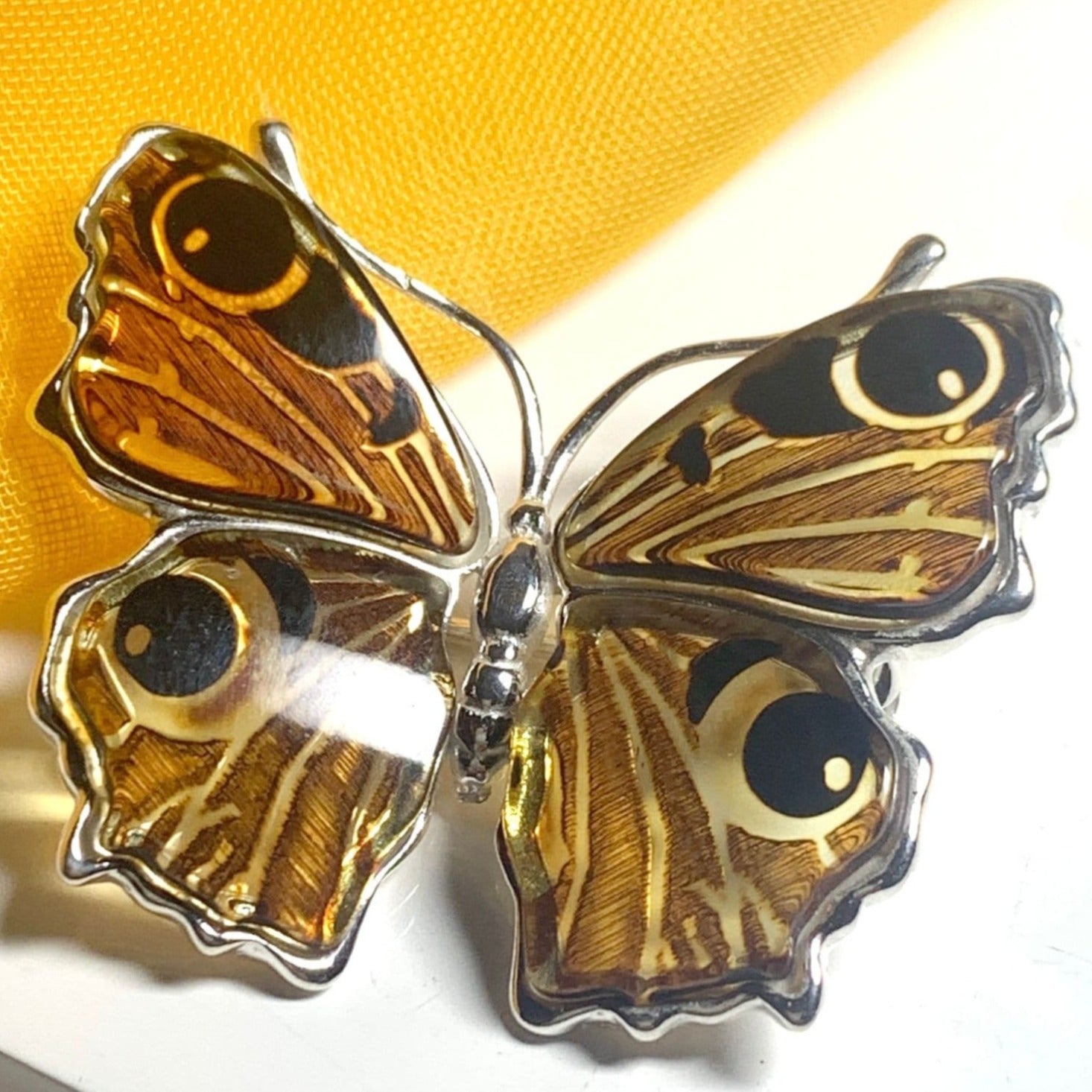 Amber butterfly sterling silver brooch