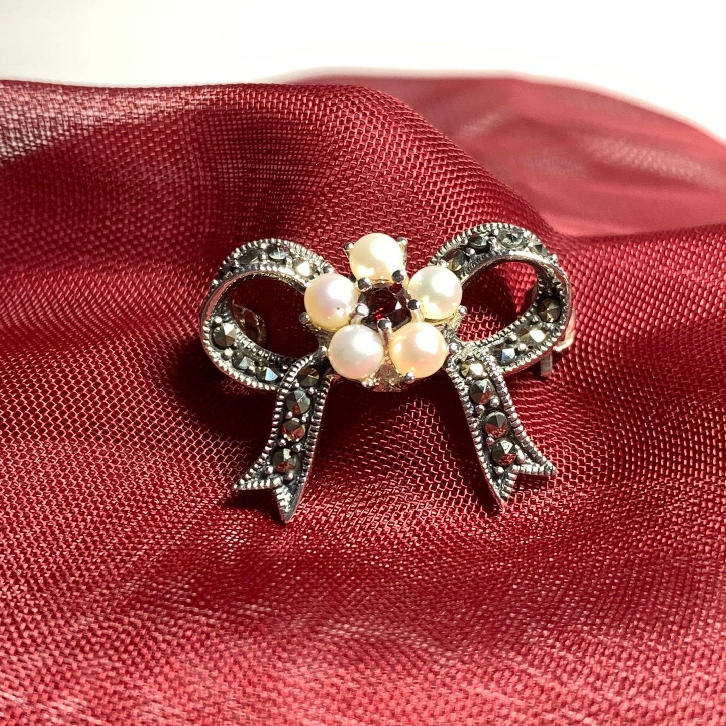 Sterling Silver Real Pearl, Real Garnet And Real Marcasite Bow Brooch