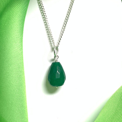 Tear Drop Silver Pear Shaped Green Jade Necklace