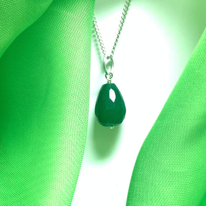 Tear Drop Silver Pear Shaped Green Jade Necklace