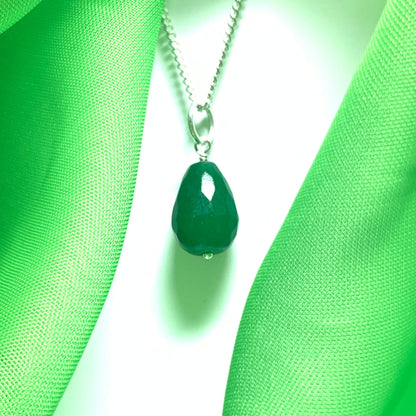 Tear Drop Silver Pear Shaped Green Jade Necklace