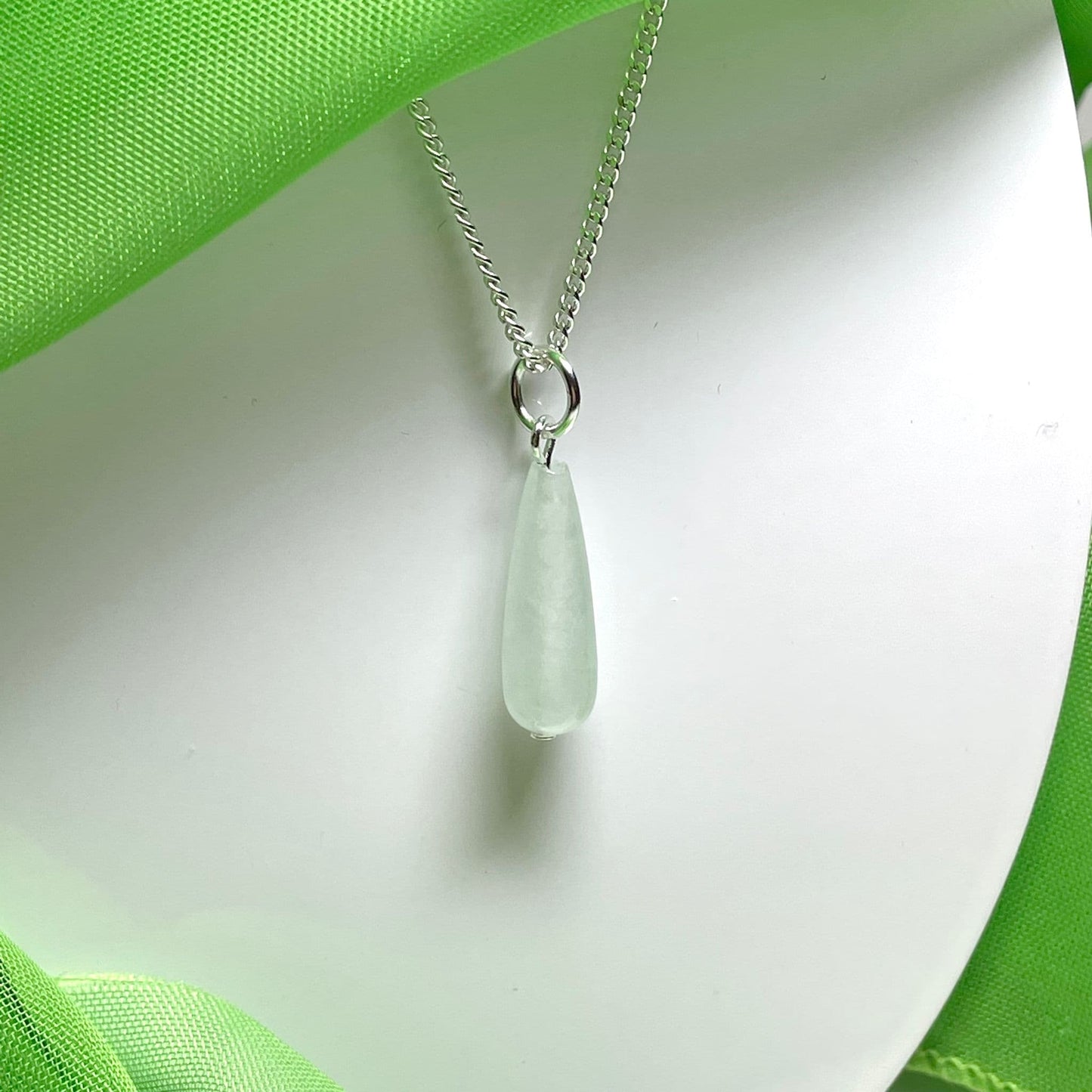 Tear Drop Sterling Silver Shaped Green Jade Necklace Pendant