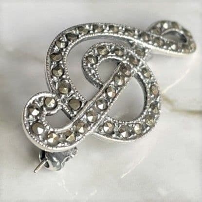 Treble Clef Marcasite Musical Note Sterling Silver Brooch