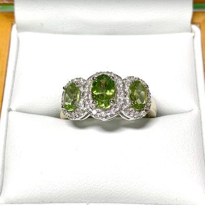 Trilogy Triple Oval Peridot and Diamond Yellow Gold Cluster Ring