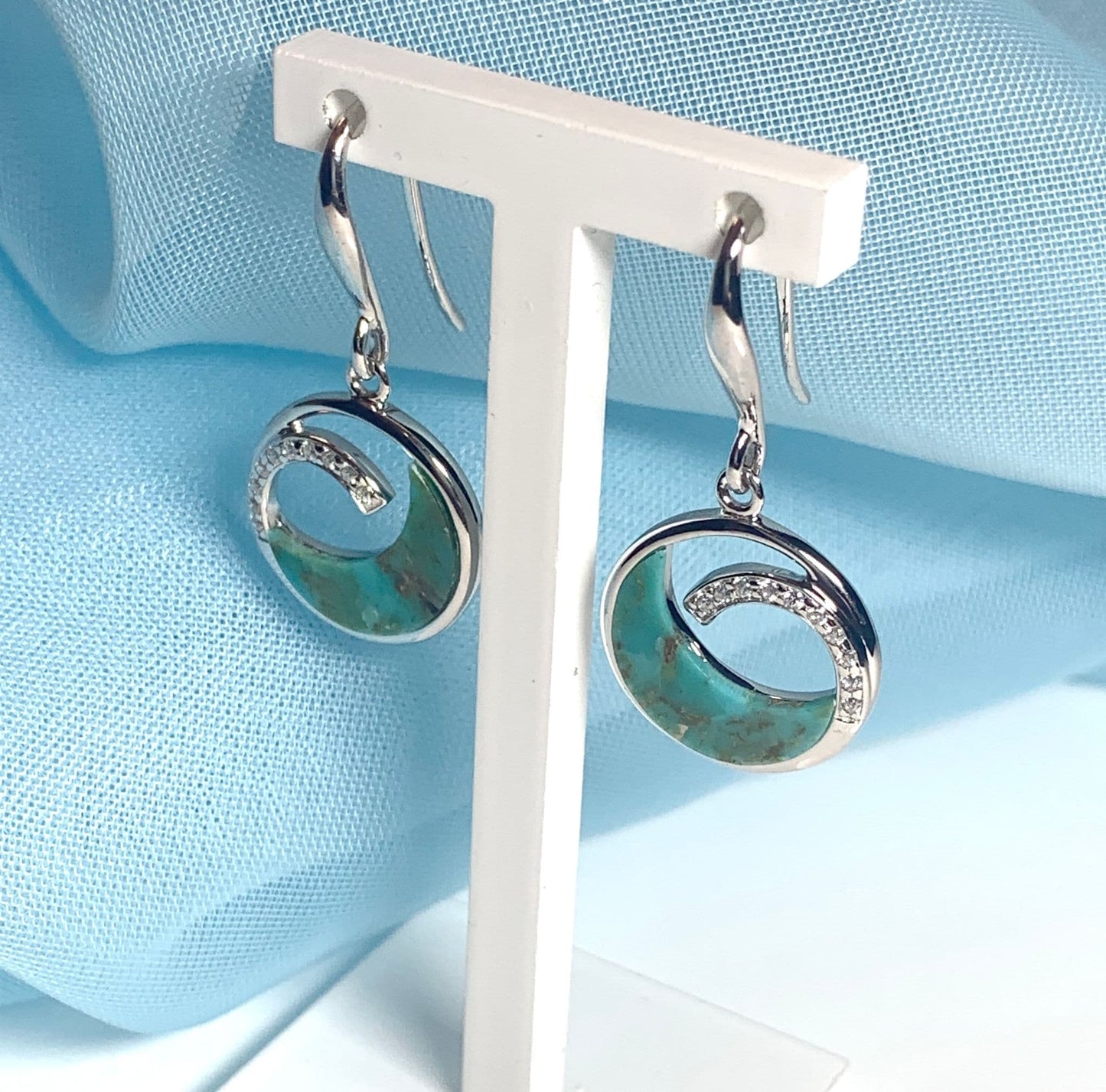 Turquoise blue green round open sterling silver drop earrings