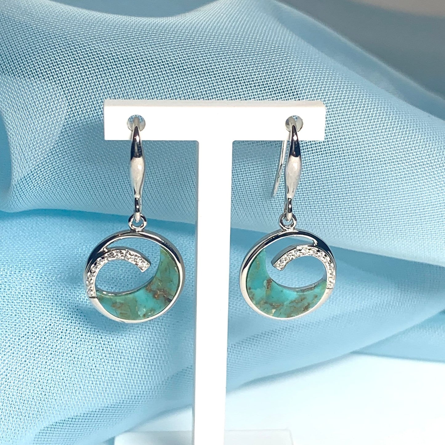 Turquoise blue green round open sterling silver drop earrings