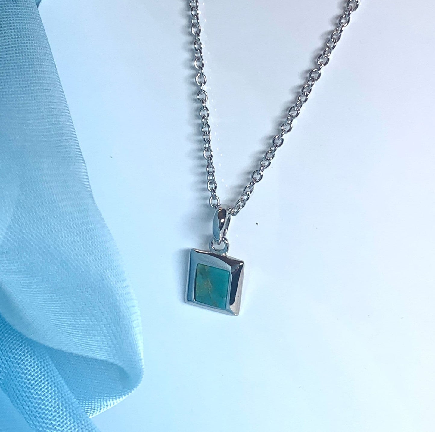 Turquoise blue green square necklace sterling silver