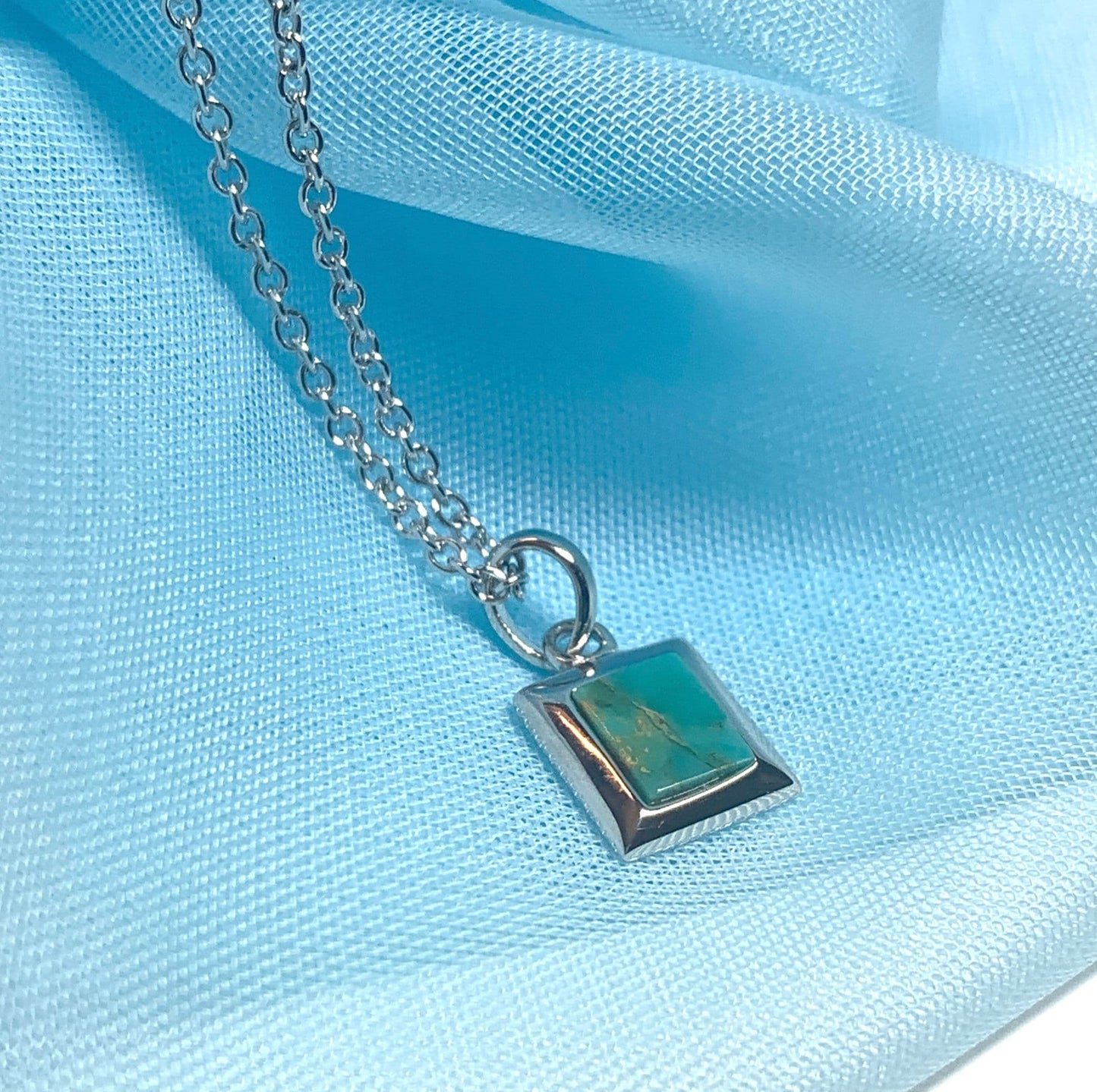 Turquoise blue green square necklace sterling silver
