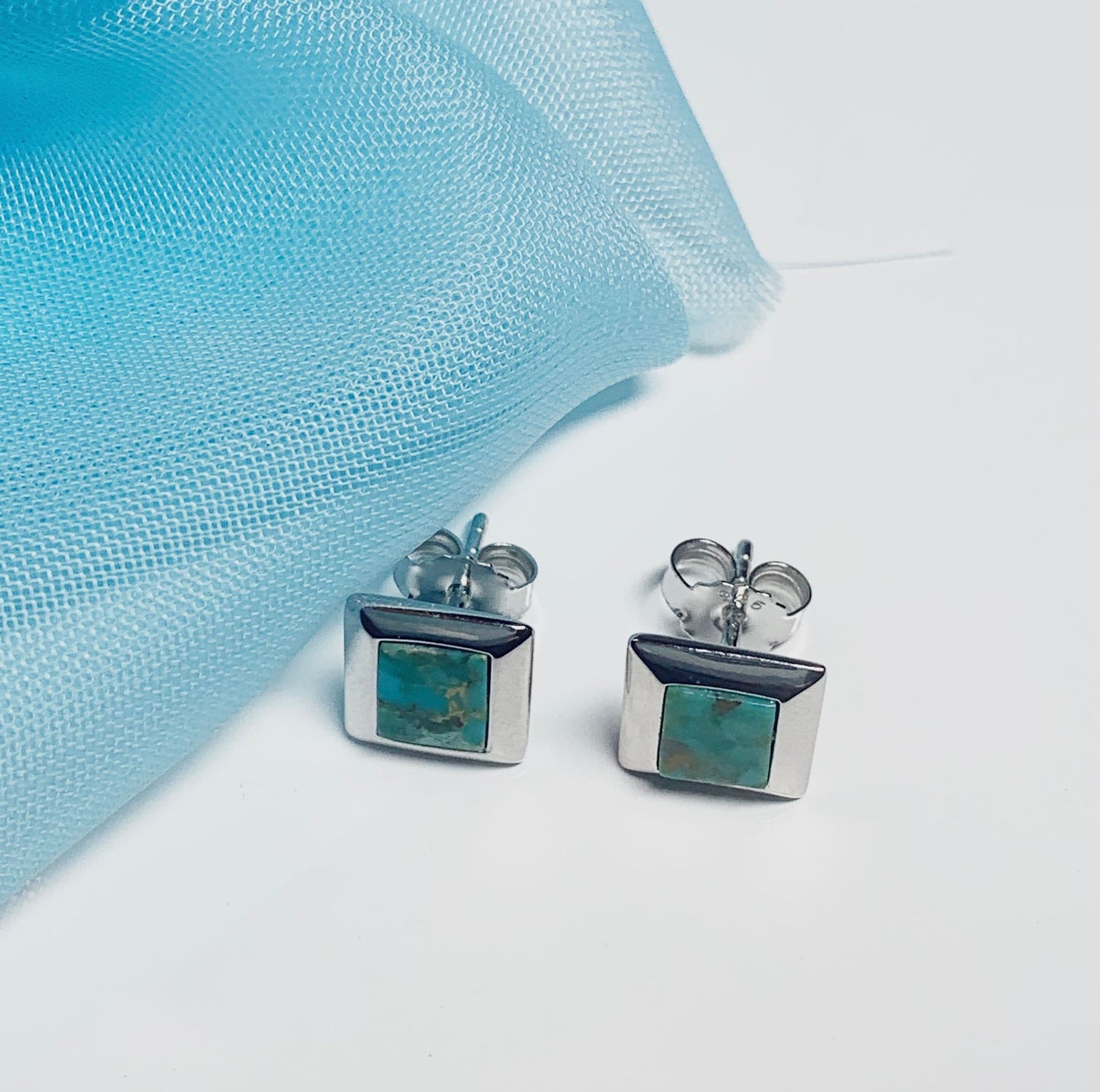 Turquoise blue green square sterling silver stud earrings