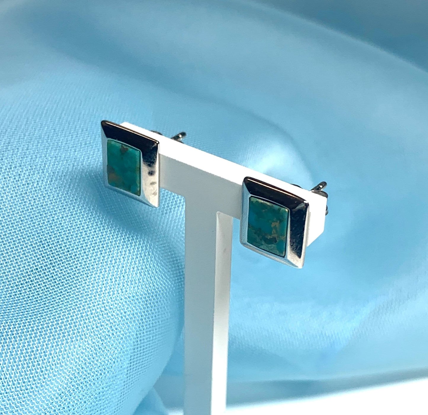 Turquoise blue green square sterling silver stud earrings