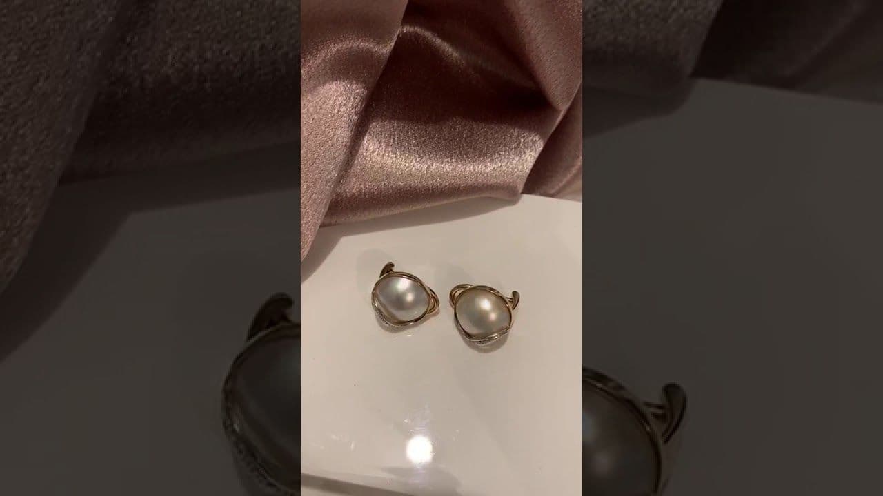 Mabe Pearl And Diamond Round Clip On Stud Earrings 14 mm Yellow Gold